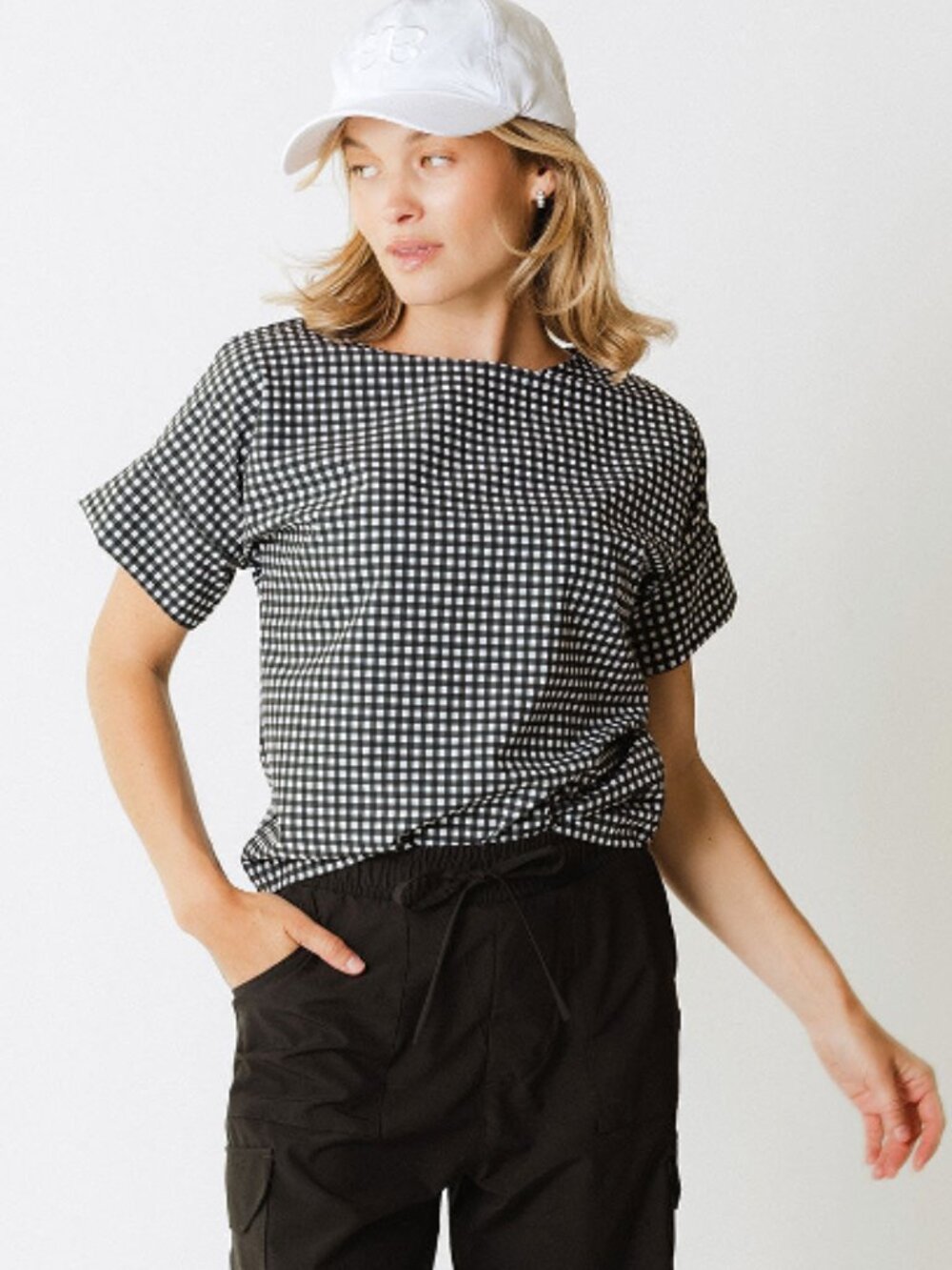 EUC Albion Boss Tee Black White Check Women's XL Lightweight Wrinkle Free